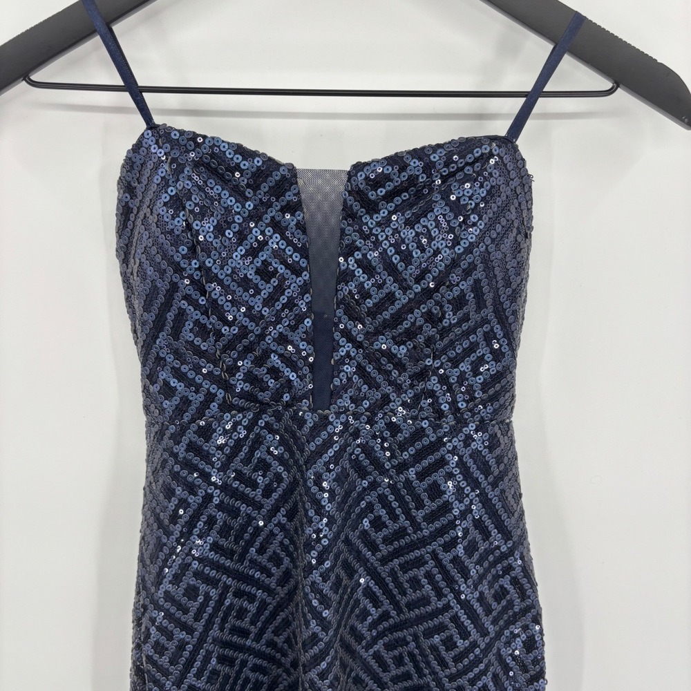 Navy Blue Sequin Geometric Mini Dress‎ Sz 3 Plunging Mesh V-Neck Y2K Homecoming